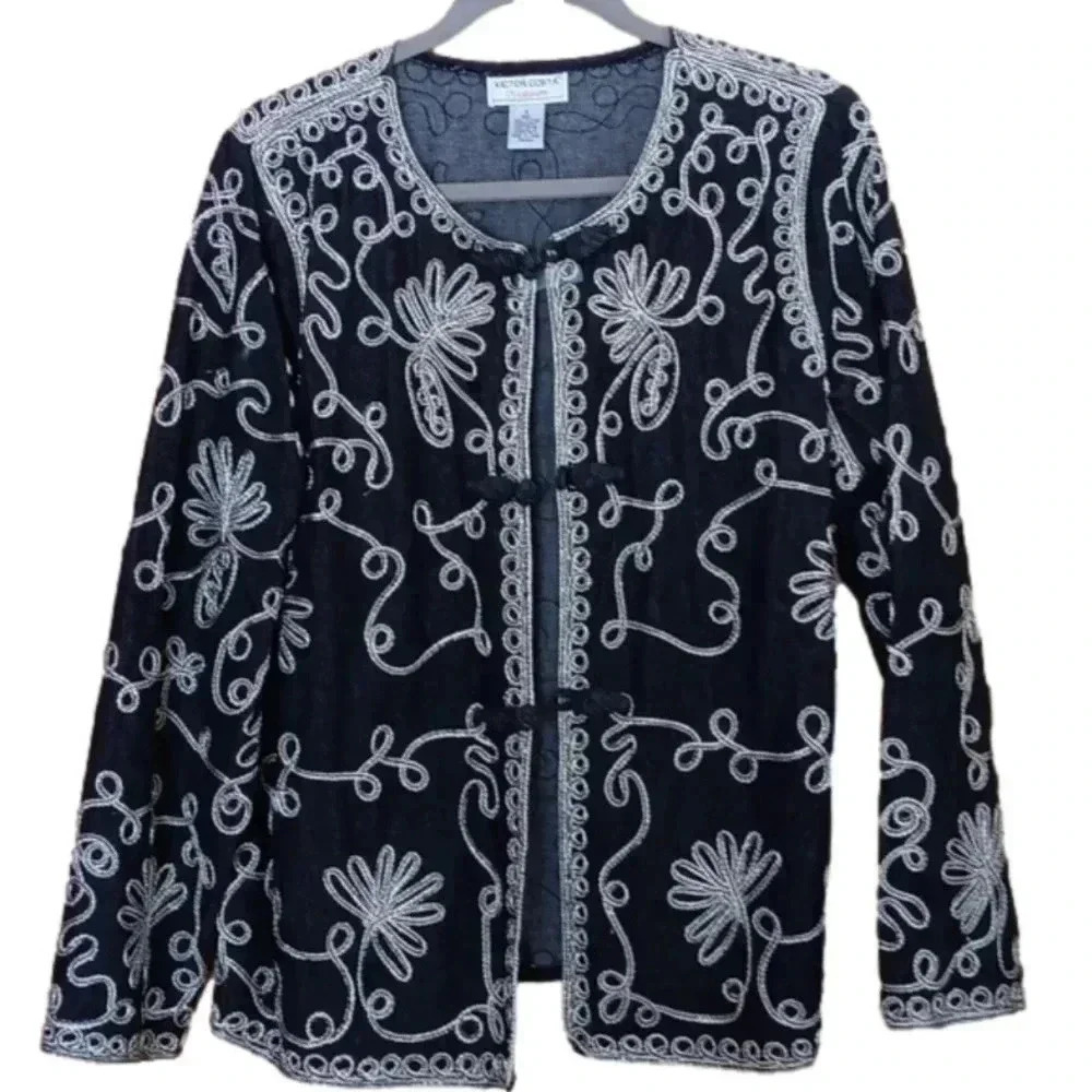 Victor Costa Occasion black denim and gold trim jacket L